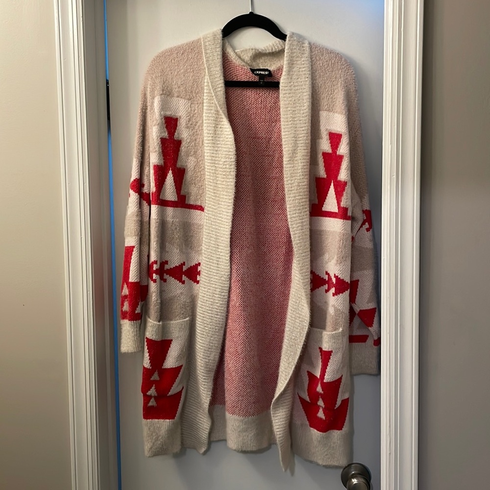 Express Long Fuzzy Cardigan Aztec Print Geometric Red Cream Sweater